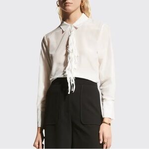 KOBI HALPERIN Paula Fringe Placket Blouse White Top Cotton Silk Blend Shirt